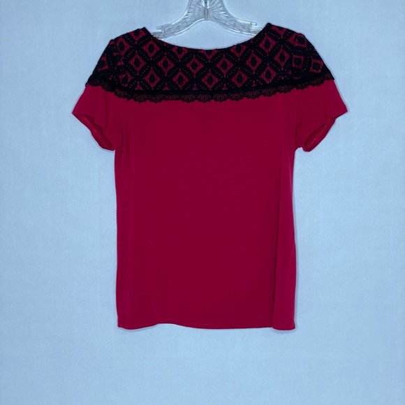 Covington Tops - Covington Burgundy Blouse with Black Lace Detail Size Small Petite